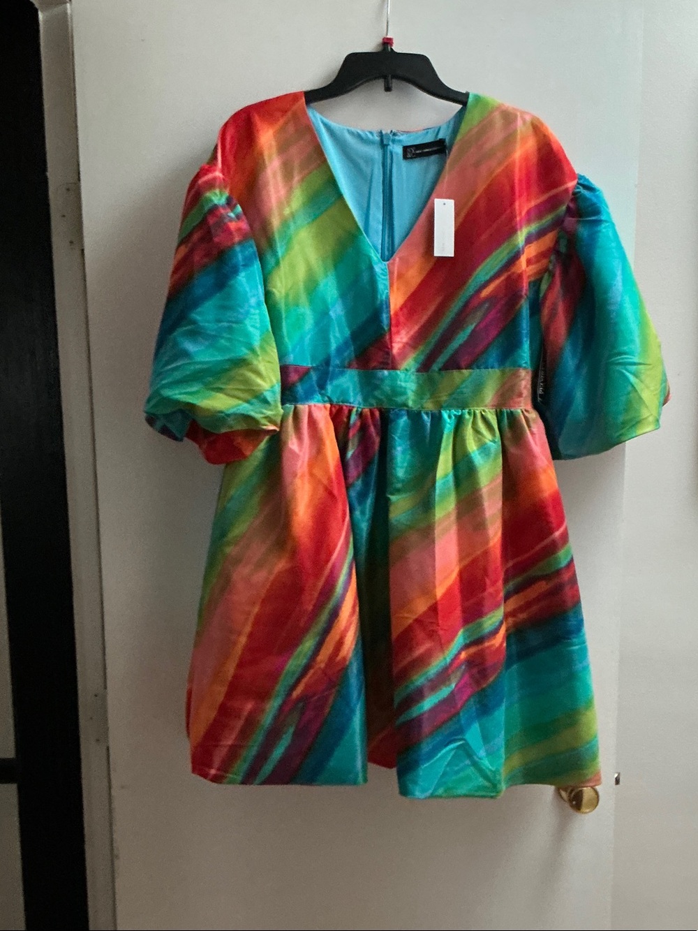 New York & Company Multi-Color Rainbow Puff Sleeve Dress